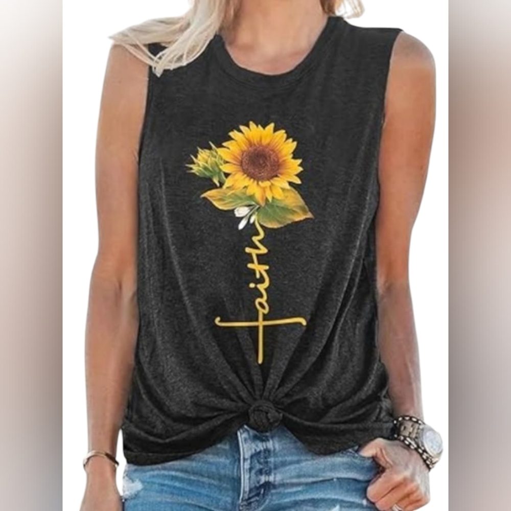 🆕 Women's Heathered Grey Sleeveless Top With Sunflower & Faith Screen Print